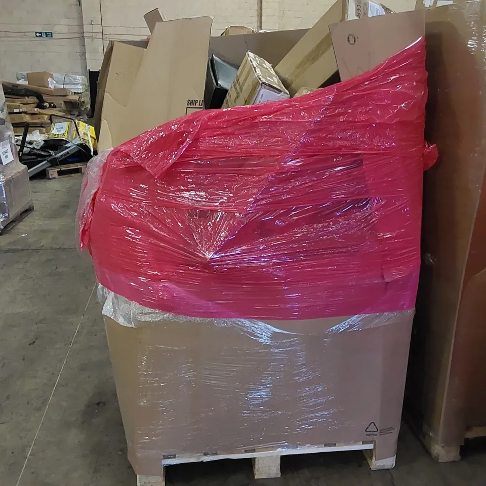 PALLET OF ASSORTED ITEMS INCLUDING: BLADELESS PURIFIER & HEATER FANS, HOLLYWOOD MIRROR, WEIGHED BLANKET, TOILET SEAT, ARTIFICIAL TREE
