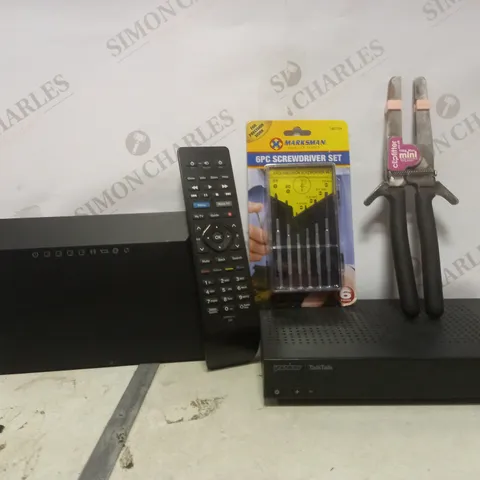 BOX OF APPROXIMATELY 6SSORTED ITEMS TO INCLUDE - MARKSMAN 6 PEICE SCREWDRIVER SET - TALKTALK YOU VIEW BOX -CLIPFITTER MINI ETC