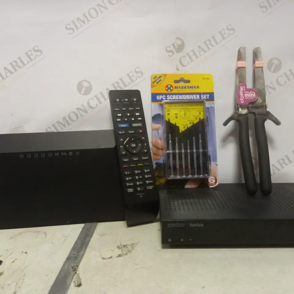 BOX OF APPROXIMATELY 6SSORTED ITEMS TO INCLUDE - MARKSMAN 6 PEICE SCREWDRIVER SET - TALKTALK YOU VIEW BOX -CLIPFITTER MINI ETC