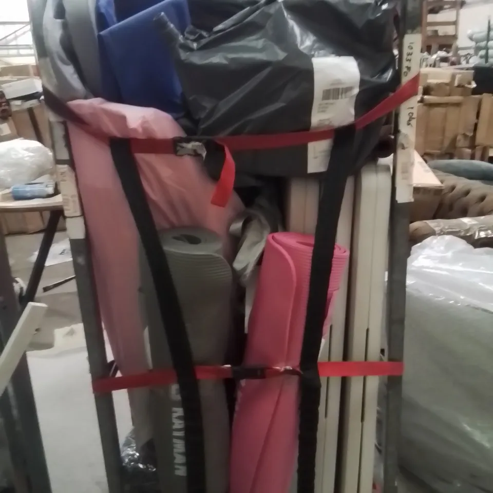 CAGE OF ASSORTED HOUSEHOLD GOODS AND PRODUCTS TO INCLUDE;FOLDING TABLES,YOGA MAT,LED CHRISTMAS LIGHTS
