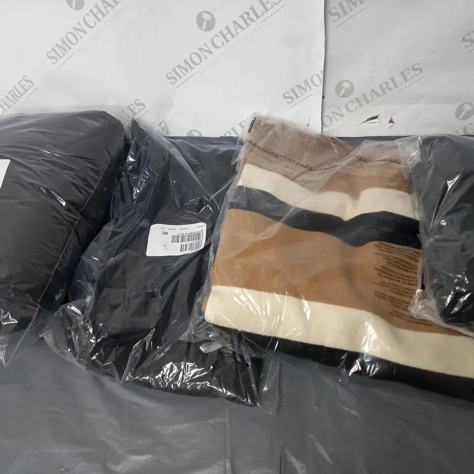 BOX OF ASSORTED CLOTHING ITEMS TOO INCLUDE TOPS , JUMPERS, AND PANTS ETC. 