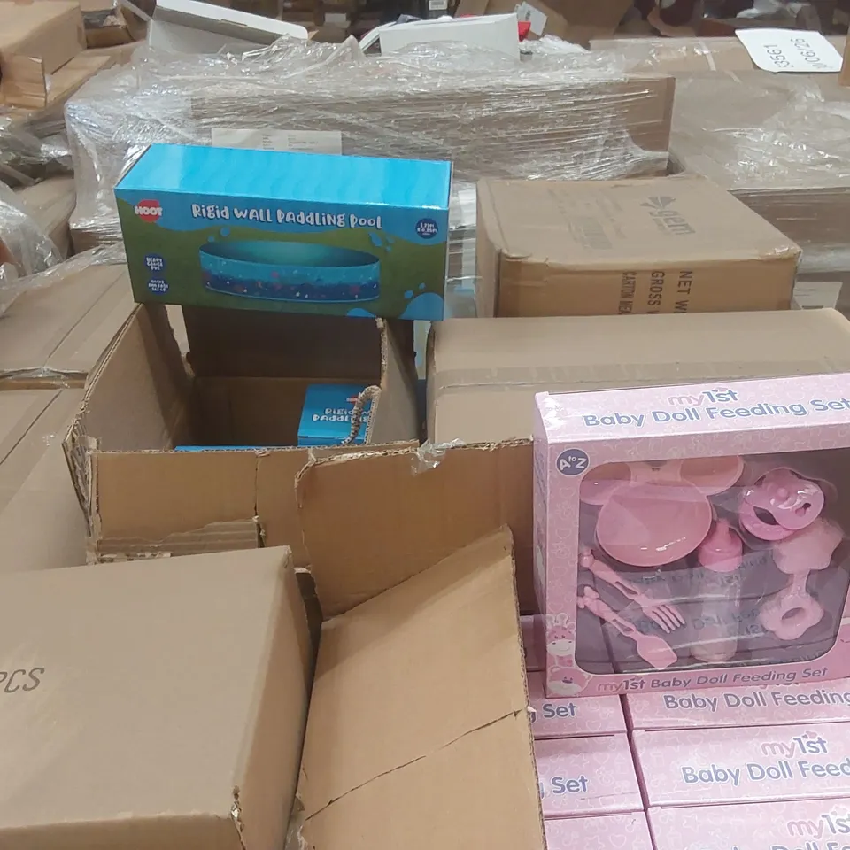 PALLET CONTAINING A VERY LARGE QUANTITY OF ASSORTED ITEMS INCLUDING: WEIGHTED BLANKETS, RIGID WALL PADDLING POOLS, BABY DOLL FEEDING SETS ECT