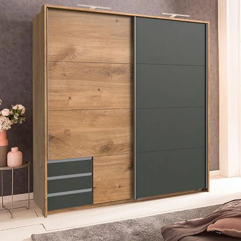 BRAND NEW BOXED LIMONI SLIDING WOODEN WARDROBE IN PLANKED OAK AND GRAPHITE (6 BOXES)