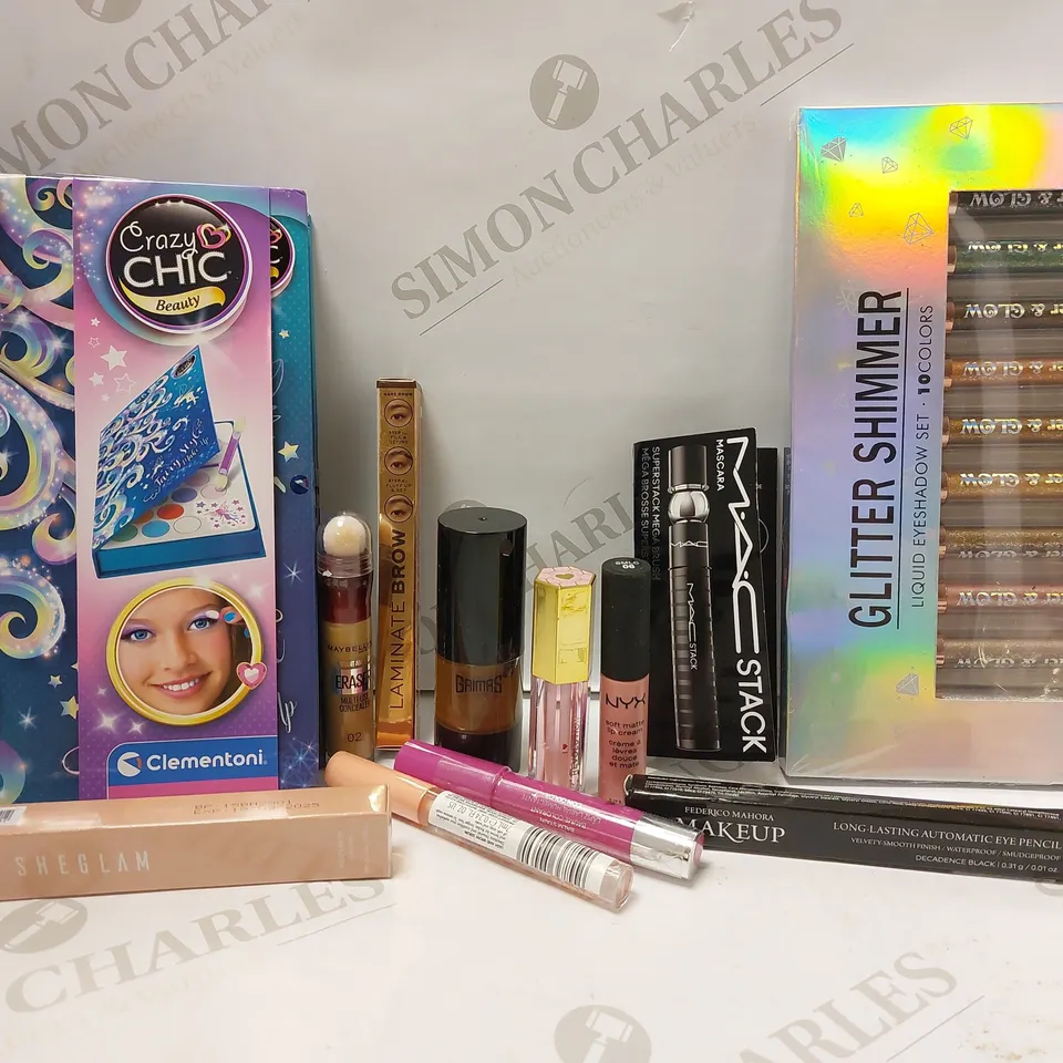 LOT OF APPROX 10 ASSORTED MAKEUP PRODUCTS TO INCLUDE MAC STACK MASCARA, FEDERICO MAHORA EYE PENCIL, SHEGLAM LIP LINER, ETC 