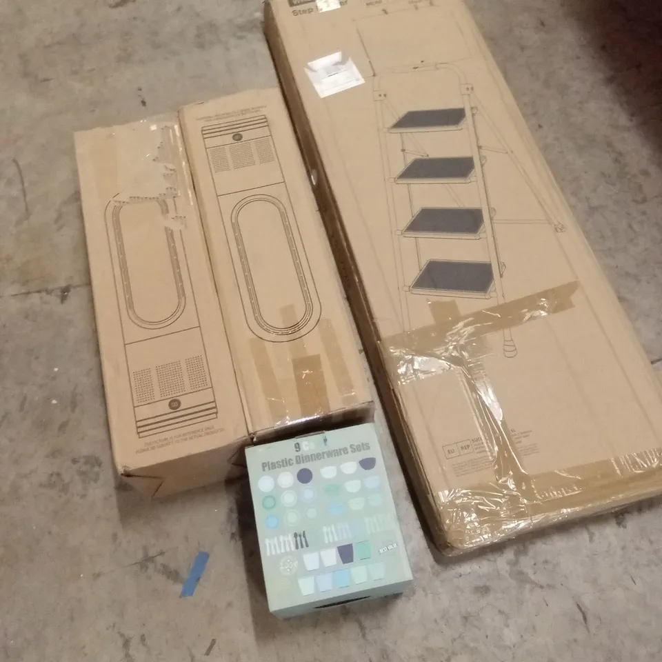 PALLET OF ASSORTED HOUSEHOLD GOODS & PRODUCTS TO INCLUDE; A BIKE, PLASTIC DINNERWARE, STEP LADDER, AIR COOLERS, BOXED FURNITURE ETC 