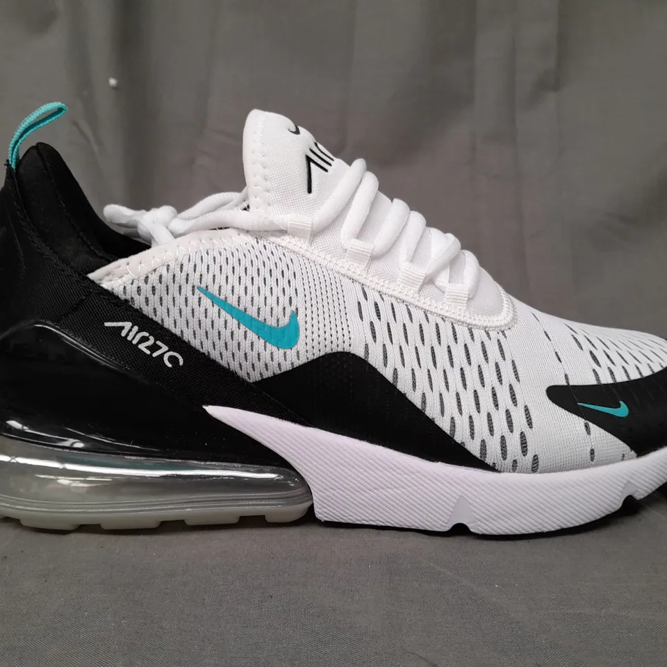 BOXED PAIR OF NIKE AIR MAX 270 SHOES IN WHITE/BLACK/CYAN UK SIZE 8.5