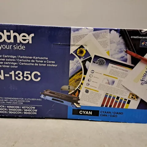 BOX OF APPROXIMATELY 9 BROTHER TN-135C TONER CARTRIDGE 