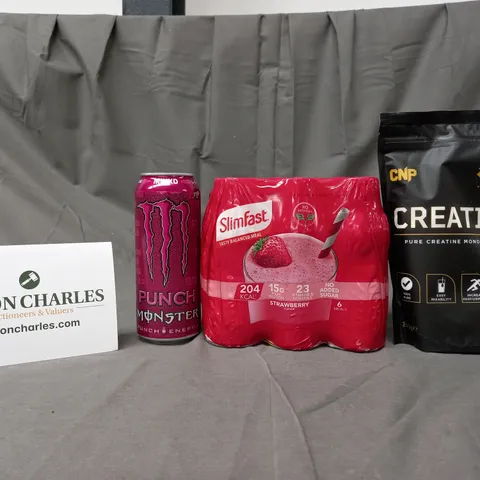 APPROXIMATELY 5 ASSORTED FOOD AND DRINK ITEMS TO INCLUDE MONSTER PUNCH DRINK, SLIMFAST MULTIPACK, CREATINE, ETC