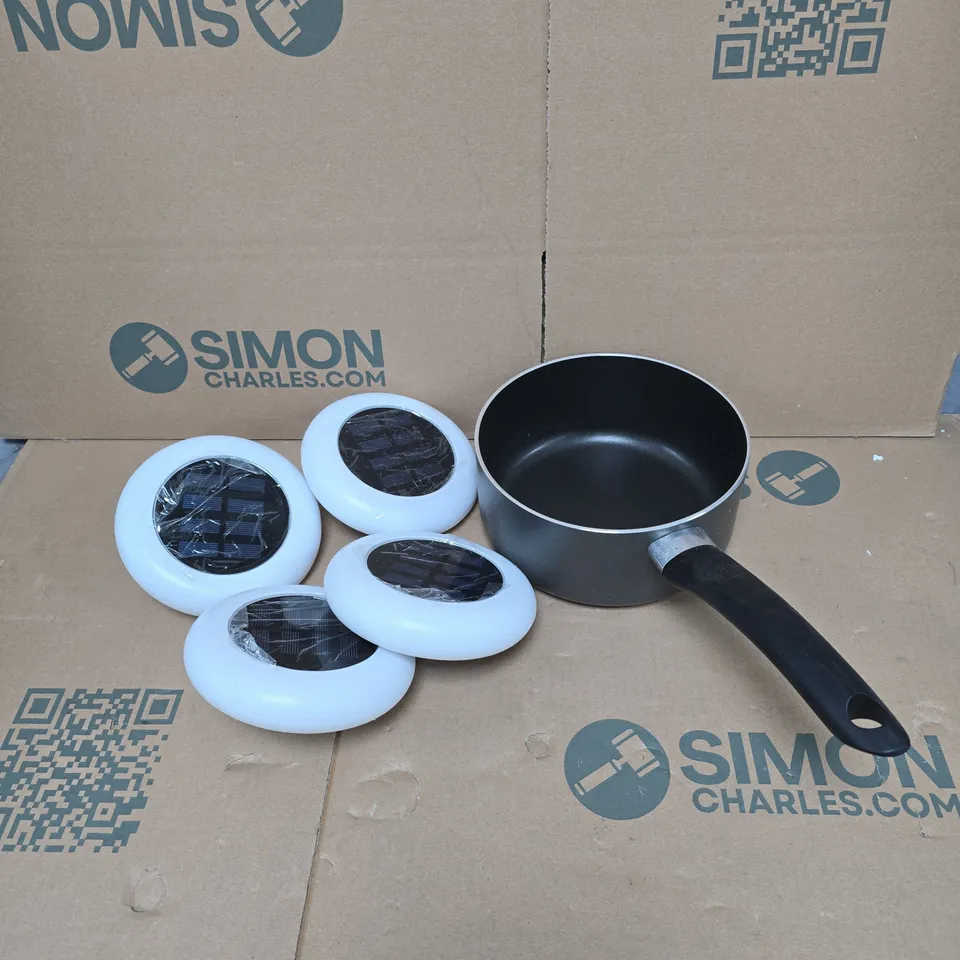 CAGE OF APPROXIMATELY 9 ASSORTED ITEMS TO INCLUDE PAN, SOLAR GARDEN LIGHTS ETC