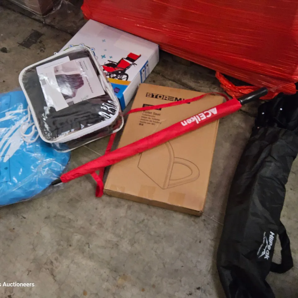 PALLET OF ASSORTED ITEMS TO INCLUDE, VANITY MIRROR, WHEELCHAUR CUSHION SET, UMBRELLAS, TOILET SEATS, ELECTRIC BODY THROW,CAMPING CHAIR.