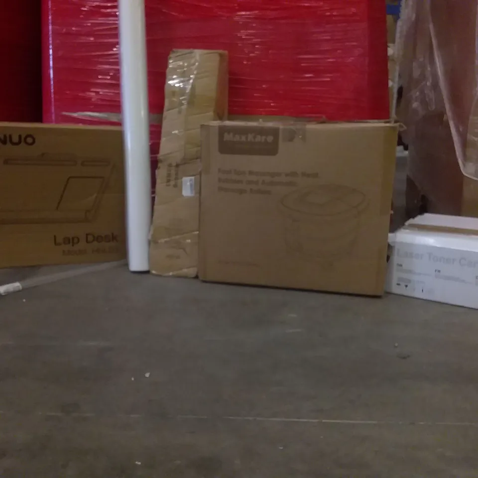 PALLET OF ASSORTED ITEMS INCLUDING PVC BACKDROP, IMEK SCOOTER , HEATED FOOT MASSAGER ,LAP DESK , LASER TONER CARTRIDGE 