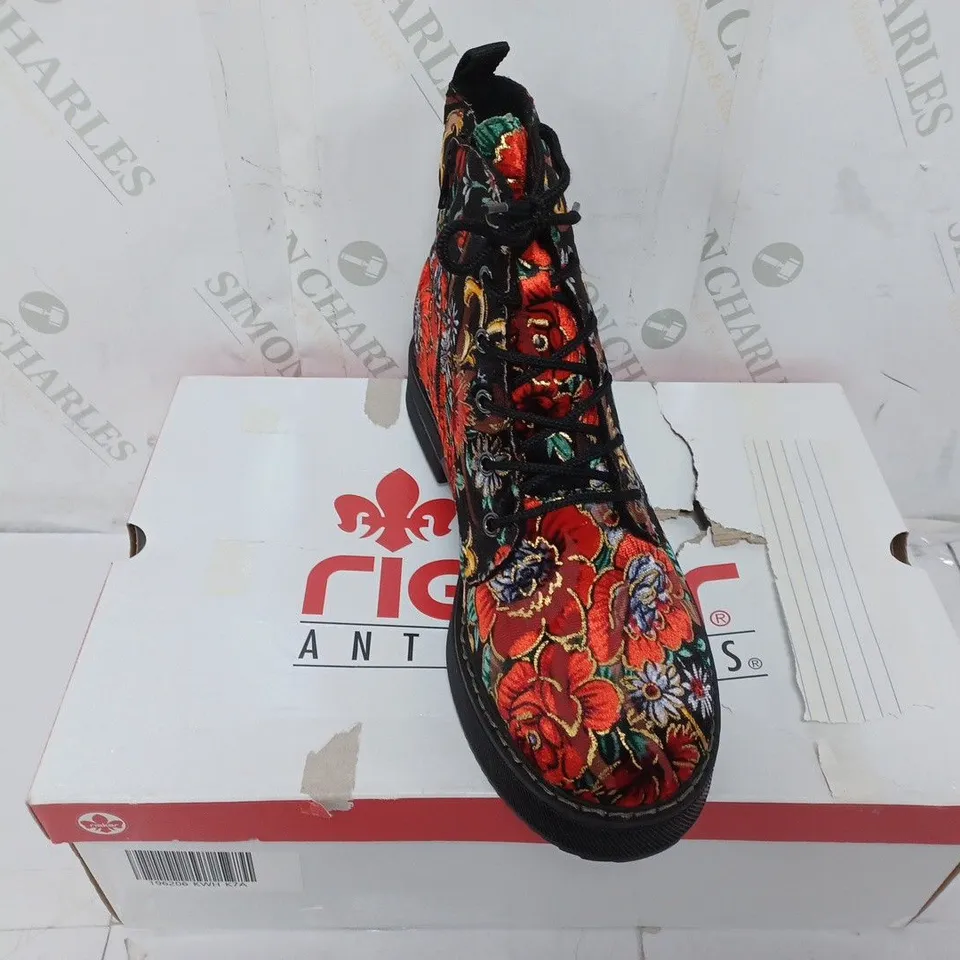 BOXED PAIR OF RIEKER LACE UP BOOTS IN MULTI FLORAL UK SIZE 7.5
