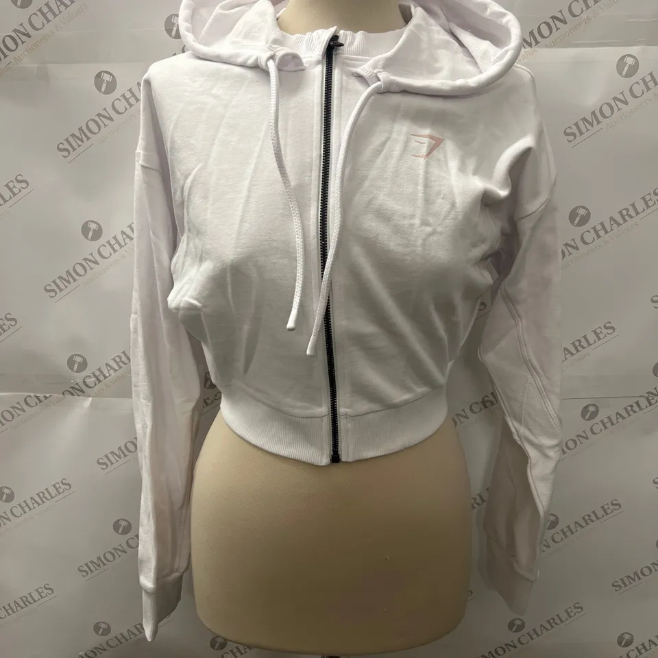 GYMSHARK CROPPED ZIP THROUGH HOODIE IN WHITE SIZE S