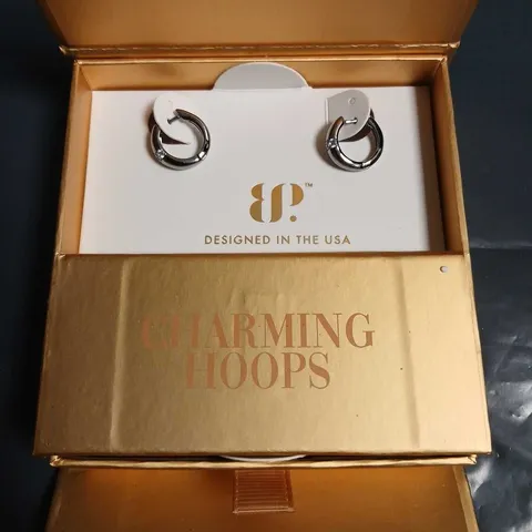 CHARMING HOOPS HOOP EARRINGS – HEMATITE PLATED, BLACK ONYX & CZ, REMOVABLE CHARM