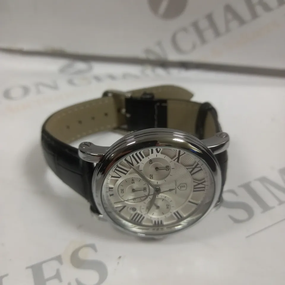 MENS LOUIS LACOMBE CHRONOGRAPH WATCH – MULTI FUNCTION DIAL WITH DATE – ROMAN NUMERAL DIAL – LEATHER STRAP 