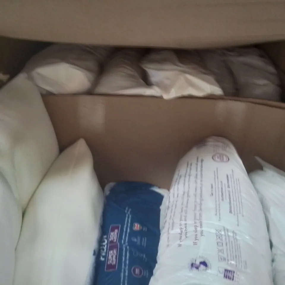 TWO LARGE BOXES OF ASSORTED BAGGED AND LOOSE PILLOWS 