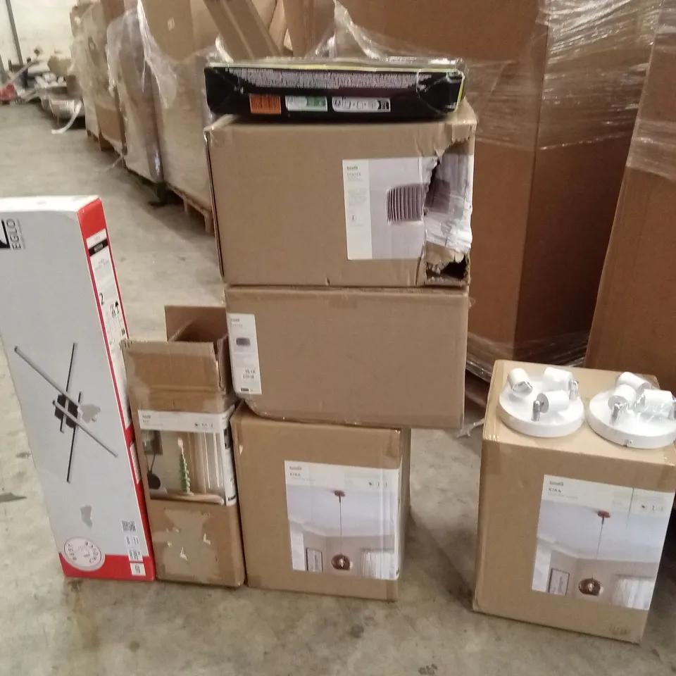 PALLET TO CONTAIN APPROXIMATELY 28 DESIGNER INDOOR LIGHTING PRODUCTS TO INCLUDE; WALL LIGHTS, CEILING LIGHTS, LIGHT SHADES ETC
