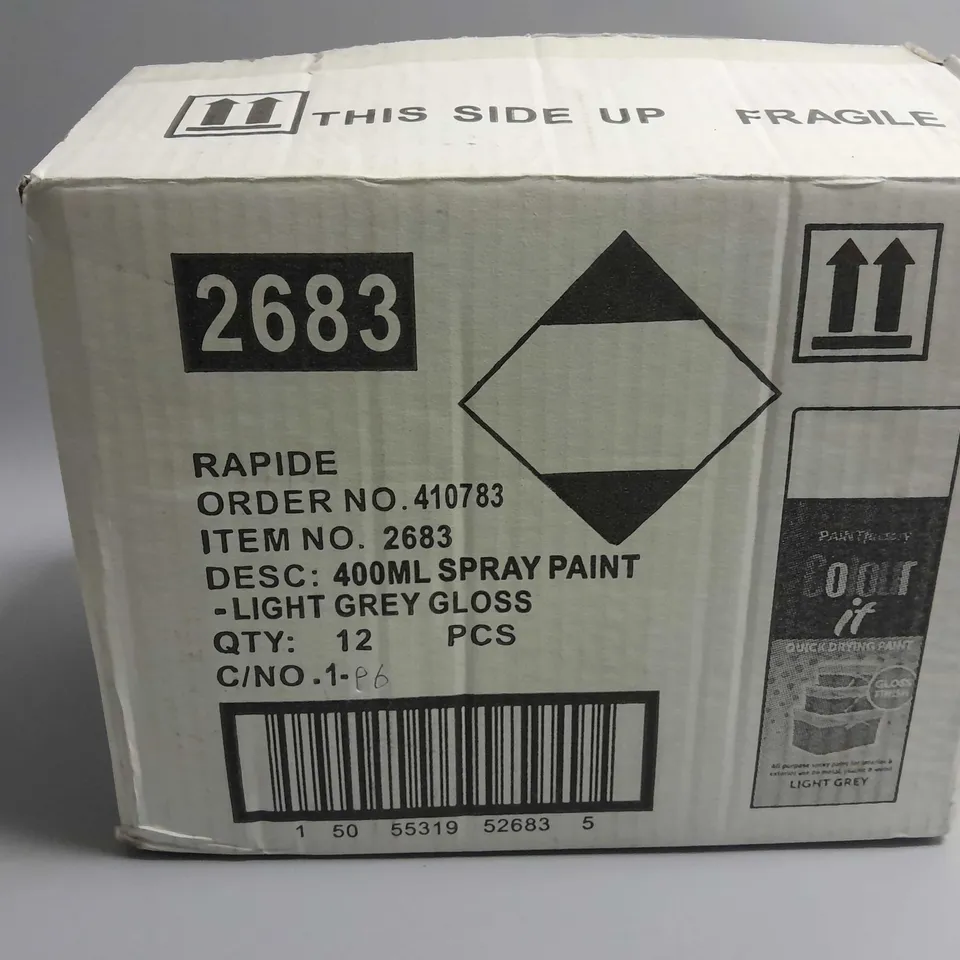 APPROXIMATELY 12 SEALED PAINT FACTORY COLOUR IT QUICK DRYING ALL PURPOSE SPRAY PAINT 400ML - LIGHT GREY 