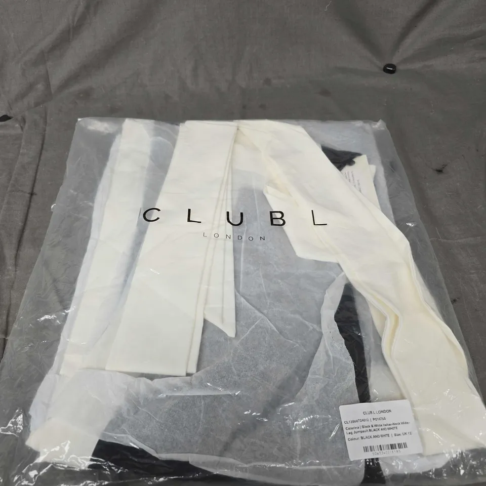 CLUBL LONDON BLACK AND WHITE NECK WIDE LEG JUMPSUIT SIZE 12