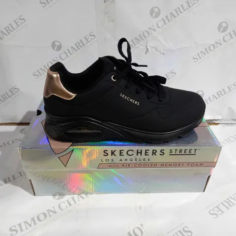 BOXED PAIR OF SKECHERS STREET SHOES BLACK/ROSE GOLD UK SIZE 7