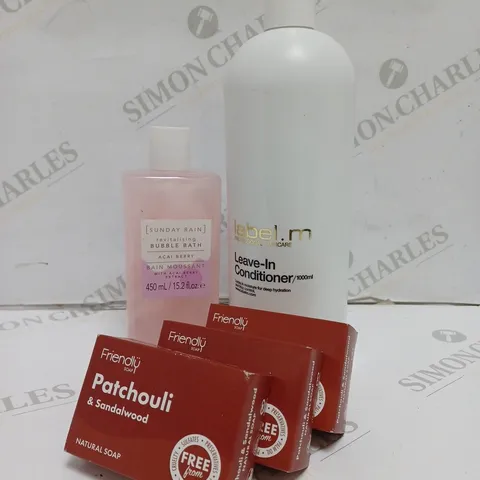 5 ASSORTED HEALTH AND BEAUTY PRODUCTS TO INCLUDE LABEL M LEAVE-IN CONDITIONER 1000ML, SUNDAY RAIN BUBBLE BATH, FRIENDLY SOAP PATCHOULI AND SANDALWOOD