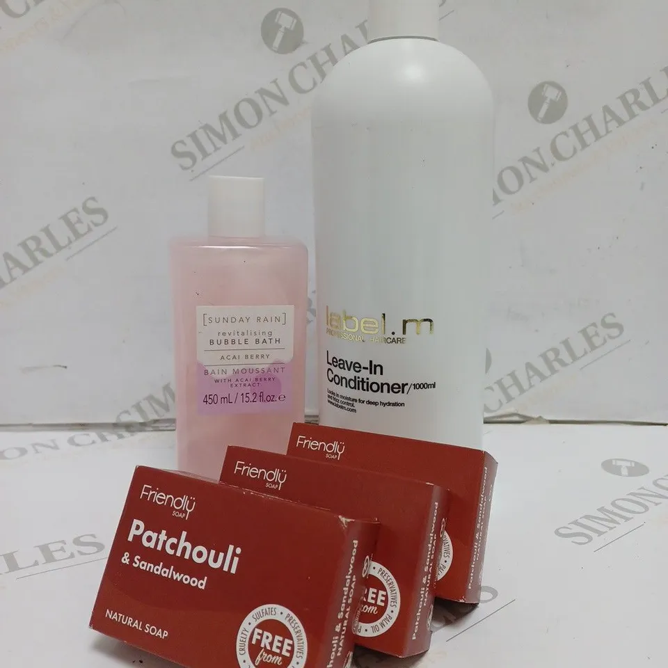 5 ASSORTED HEALTH AND BEAUTY PRODUCTS TO INCLUDE LABEL M LEAVE-IN CONDITIONER 1000ML, SUNDAY RAIN BUBBLE BATH, FRIENDLY SOAP PATCHOULI AND SANDALWOOD