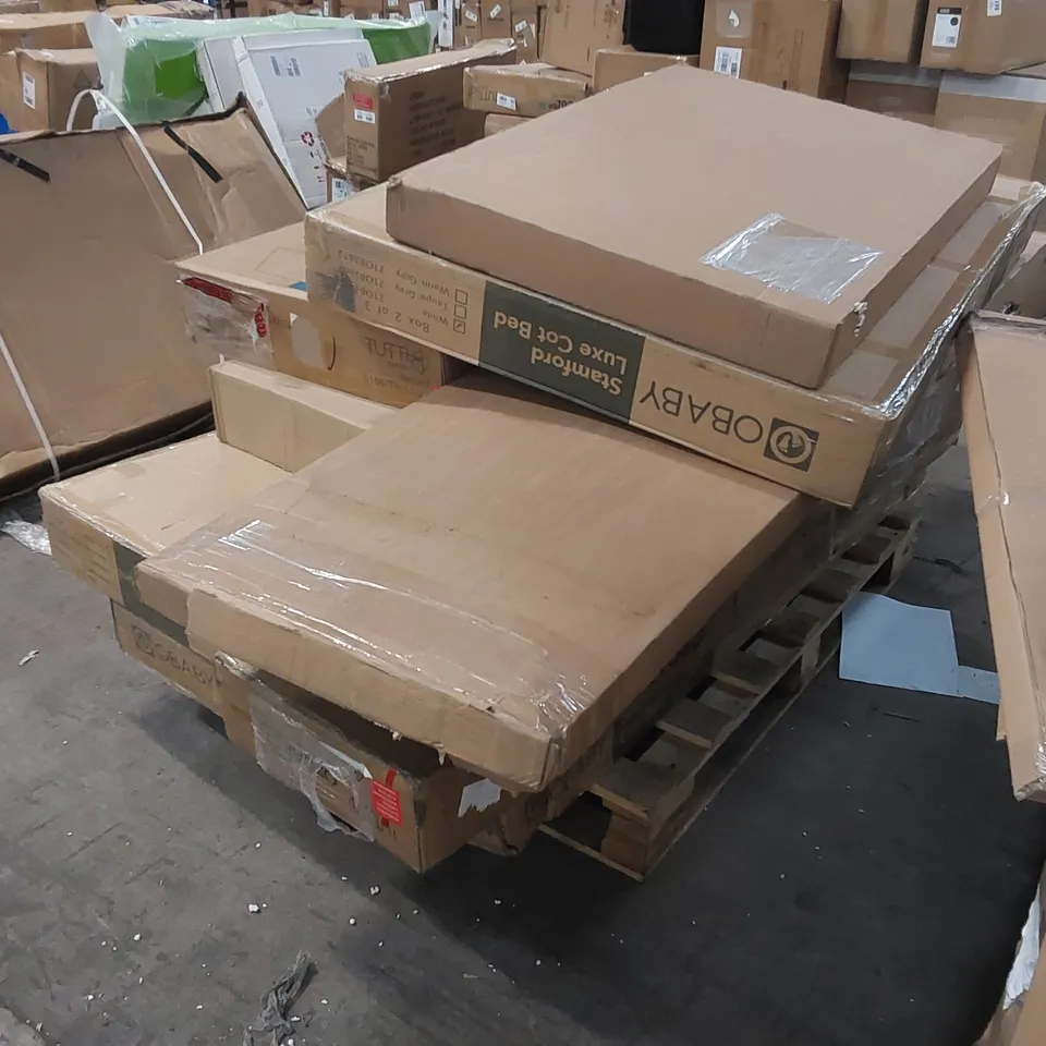 PALLET OF ASSORTED BABY RELATED FURNITURE PARTS INCLUDING COT BED, CHEST CHANGER PARTS ECT