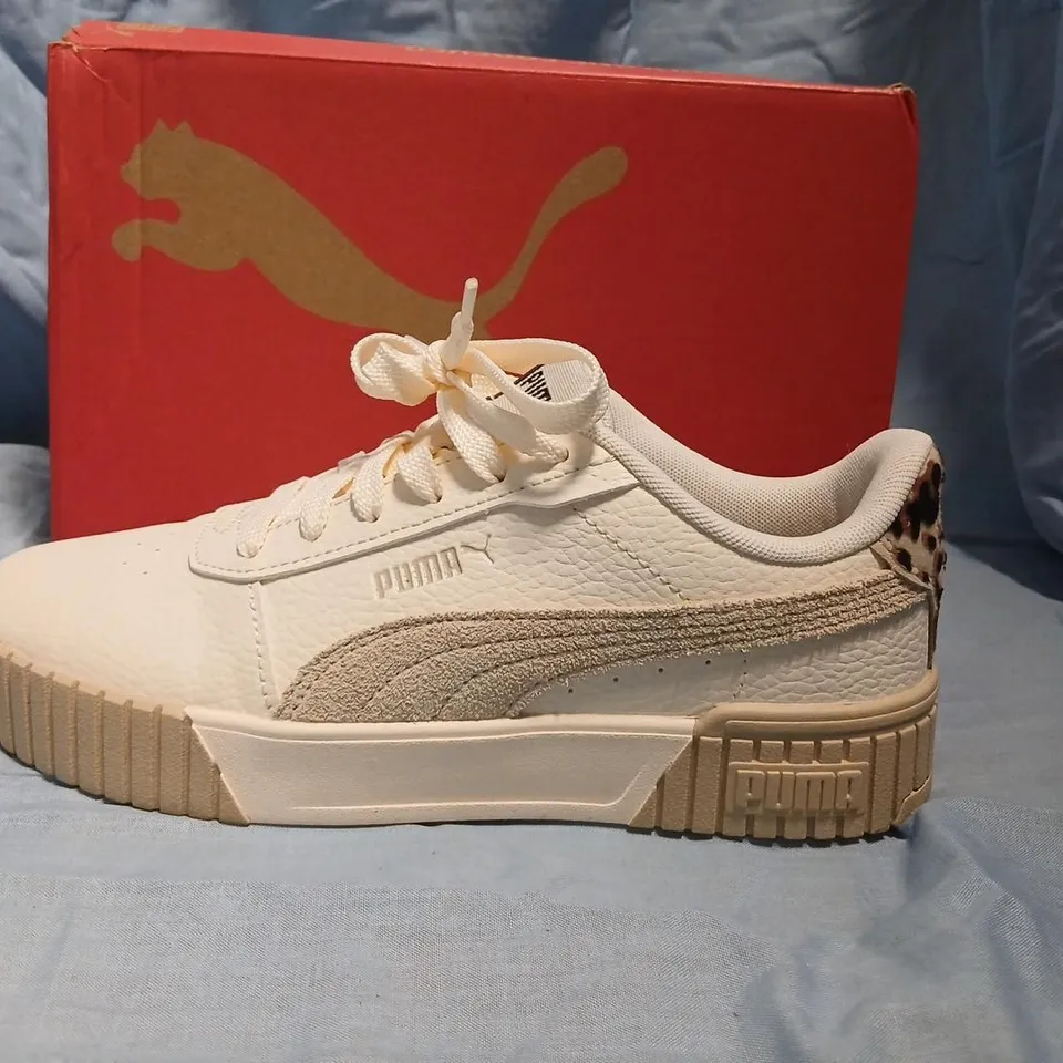 PUMA WOMEN'S SHOES – WHITE/BEIGE LEATHER TRAINERS WITH LEOPARD HEEL PATCH, UK 5 (EU 38)