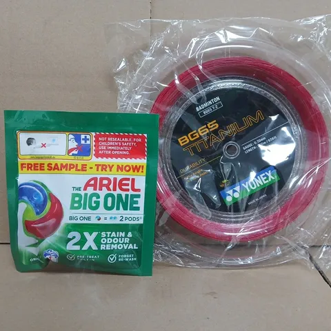 APPROXIMATELY 10 ASSORTED HOUSEHOLD ITEMS TO INCLUDE ARIAL BIG ONE, YONEX BG65 TITANIUM, ETC