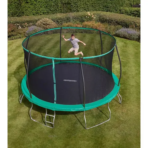 BOXED SPORTSPOWER 14FT TRAMPOLINE WITH EASI-STORE FOLDING ENCLOSURE & LADDER (1 BOX)