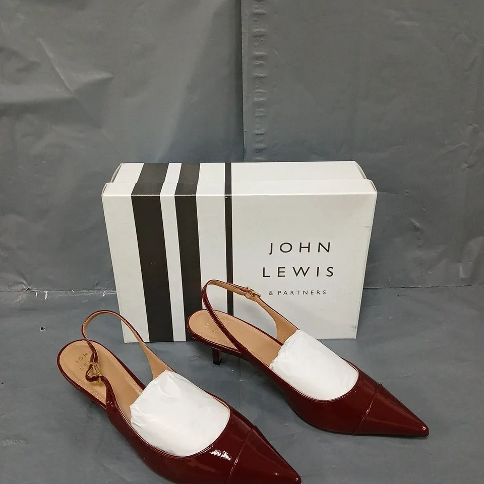 BOXED PAIR OF JOHN LEWIS COSMOS BURGENDY SIZE 8 HEELS 