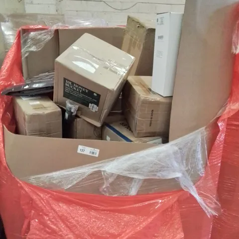 PALLET OF ASSORTED PRODUCTS, INCLUDING, OFFICE CHAIR, WALL/WINDOW EXTRACTOR FAN, FOLDING CHAIR/STAND, LAUNDRY BASKET, 10L HONEY BUCKET.