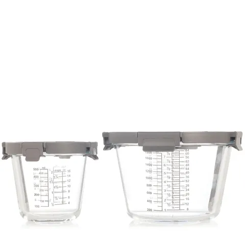 COOK'S ESSENTIALS SET OF 2 GLASS STACKABLE MEASURING BOWLS WITH LID
