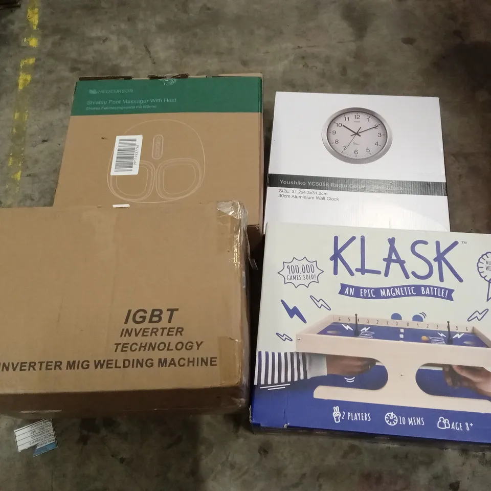 PALLET OF ASSORTED HOUSEHOLD GOODS AND PRODUCTS TO INCLUDE; WALL CLOCK, FOOT MASSAGER, KIDS GAME ETC