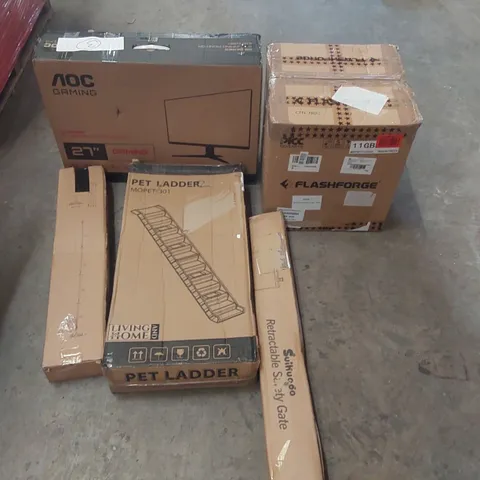 PALLET OF ASSORTED ITEMS INCLUDING: FLASHFORGE ADVENTURER 5M 3D PRINTER, AOC 27" GAMING MONITOR, PET LADDER, RETRACTABLE SAFETY GATE ECT