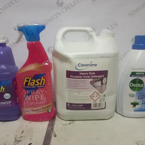 BOX OF APPROX 7 ASSORTED LIQUIDS TO INCLUDE - FLASH SPRAY WIPE - DETTOL LAUNDRY SANITISER - FLASH POWERMOP ETC