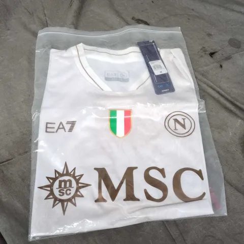 EA7 EMPORIO ARMANI WHITE T‑SHIRT WITH MSC LOGO, SIZE M