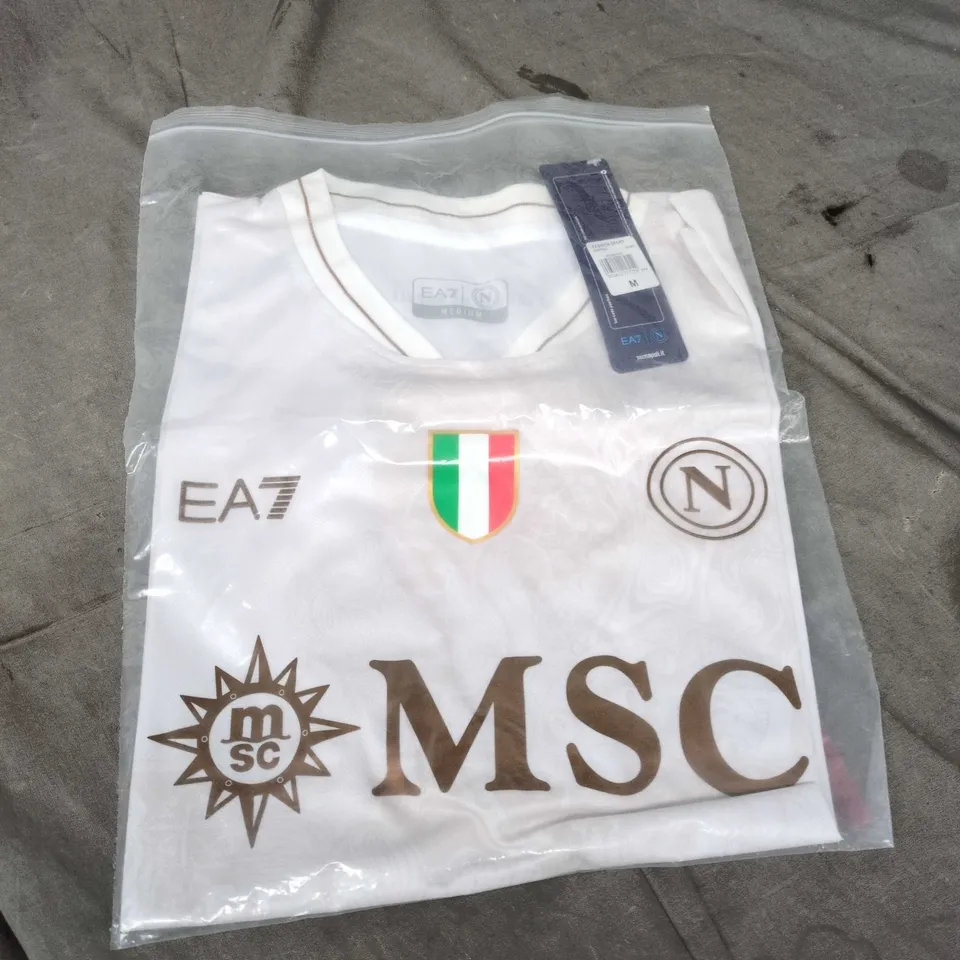 EA7 EMPORIO ARMANI WHITE T‑SHIRT WITH MSC LOGO, SIZE M