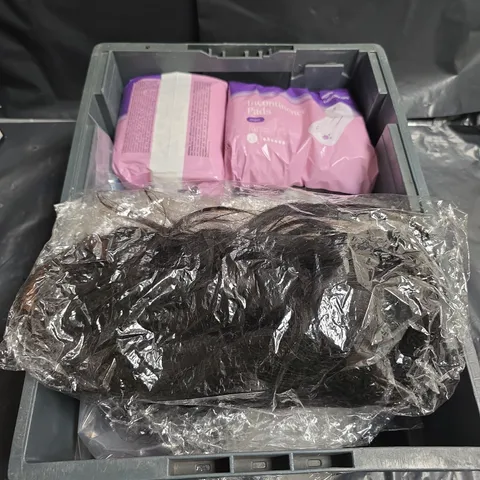 APPROXIMATELY 5 ASSORTED COSMETICS ITEMS TO INCLUDE WIGS , INCONTINENCE PADS , ETC
