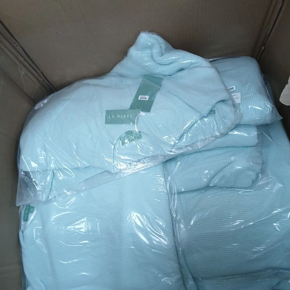 BOX OF APPROXIMATELY 20 LA MAREY KNITTED JUMPERS LIGHT BLUE SIZES MAY VARY