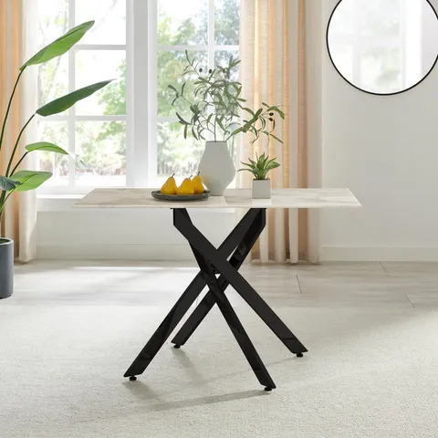 BOXED LEONARDO DINING TABLE 4 SEATER WHITE GLASS MARBLE EFFECT WITH BLACK LEGS (2 BOXES)