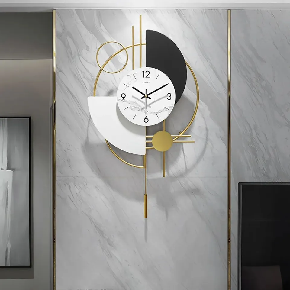 BOXED 3D MUTE METAL WALL CLOCK WITH GOLD PENDULUM MODERN ROUND DECOR ART LIVING ROOM BEDROOM (1 BOX)