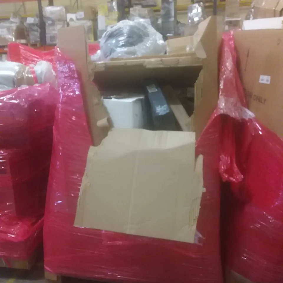 PALLET OF ASSORTED HOUSEHOLD PRODUCTS AND ITEMS, INCLUDING; LAMP, TOILET SEATS, DOG BED, DOG STAIRS, BOXED FURNITURE ETC