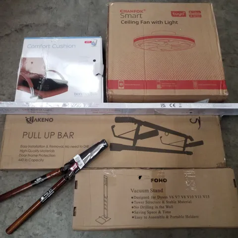 PALLET CONTAINING ASSORTED PRODUCTS INCLUDING CEILING FAN WITH LIGHT, PULL UP BAR, VACUUM STAND, GARDEN SHEARS & SEAT COMFORT CUSHION