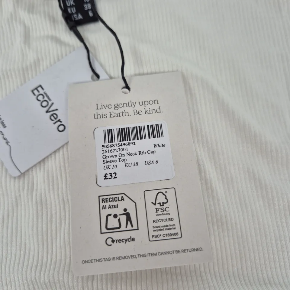 NOBODY'S CHILD GROWN-ON NECK RIB CAP SLEEVE TOP – WHITE, UK 10 (EU 38 / USA 6)