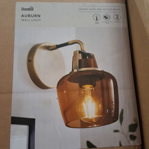 BOXED DUNELM AUBURN WALL LIGHT  SMOKED GLASS & ANTIQUE BRASS