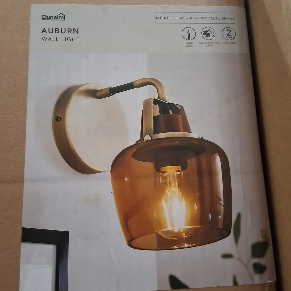BOXED DUNELM AUBURN WALL LIGHT SMOKED GLASS & ANTIQUE BRASS