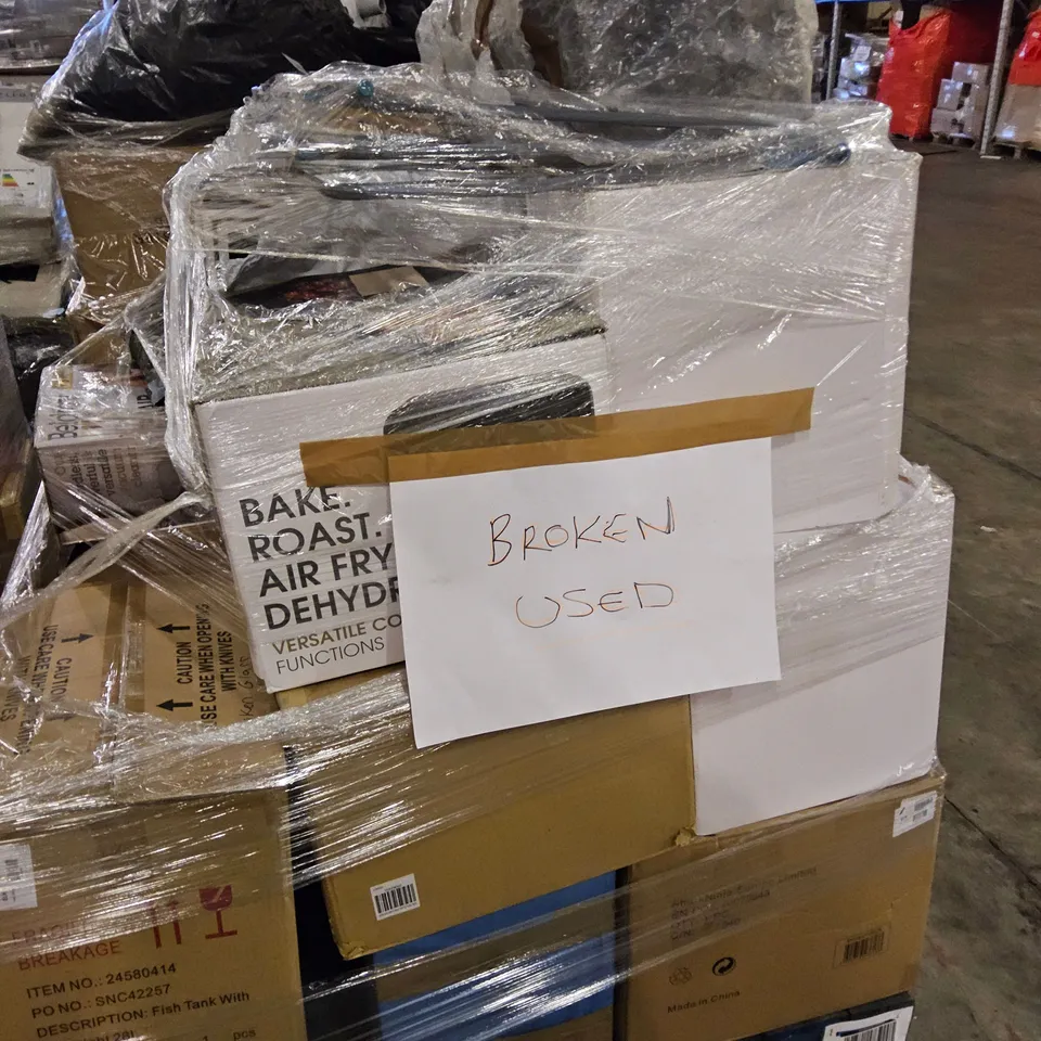 PALLET OF ASSORTED HOUSEHOLD ITEMS INCLUDING AIR FRYERS, FISH TANK,  BELDRAY CORDLESS VACUUM CLEANER 