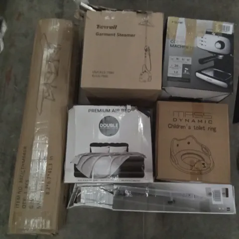 PALLET OF ASSORTED ITEMS INCLUDING MASS DYNAMIC CHILDREN'S TOILET RING, TICWELL GARMENT STEAMER, GETFIT PREMIUM DOUBLE AIR BED, PRESSURE COFFEE MACHINE, ECOHEATER