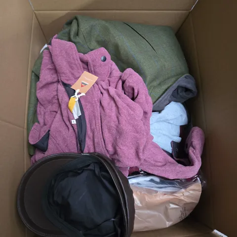 LARGE BOX OF ASSORTED CLOTHING ITEMS IN VARIOUS SIZES, STYLES AND COLOUR 